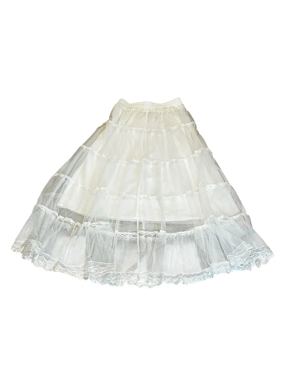 White Tulle Lace Tiered Midi Skirt Flowy Flare Cottagecore Feminine Coquette